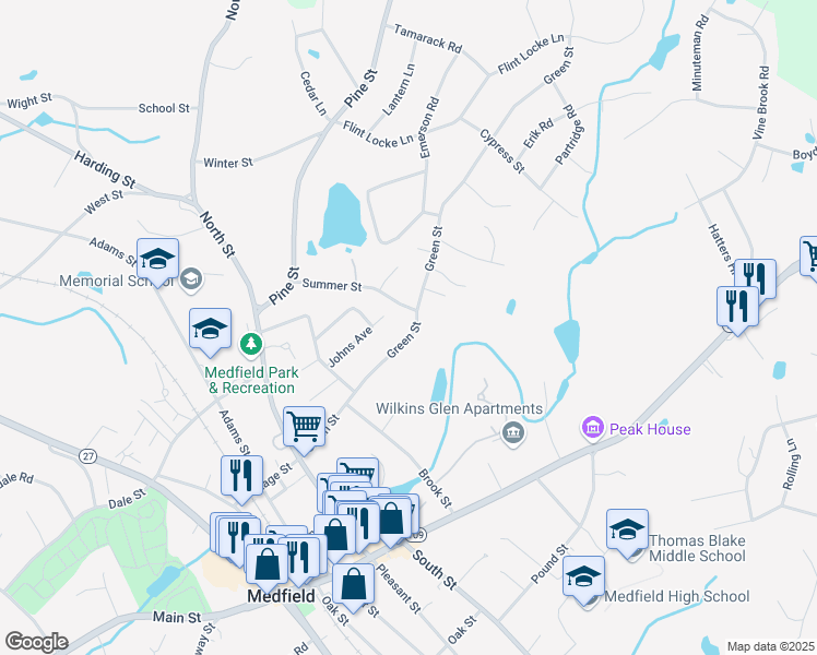 map of restaurants, bars, coffee shops, grocery stores, and more near 62A Green Street in Medfield