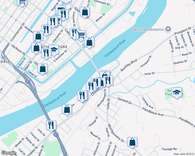 map of restaurants, bars, coffee shops, grocery stores, and more near 21 Emerson Street in Chicopee