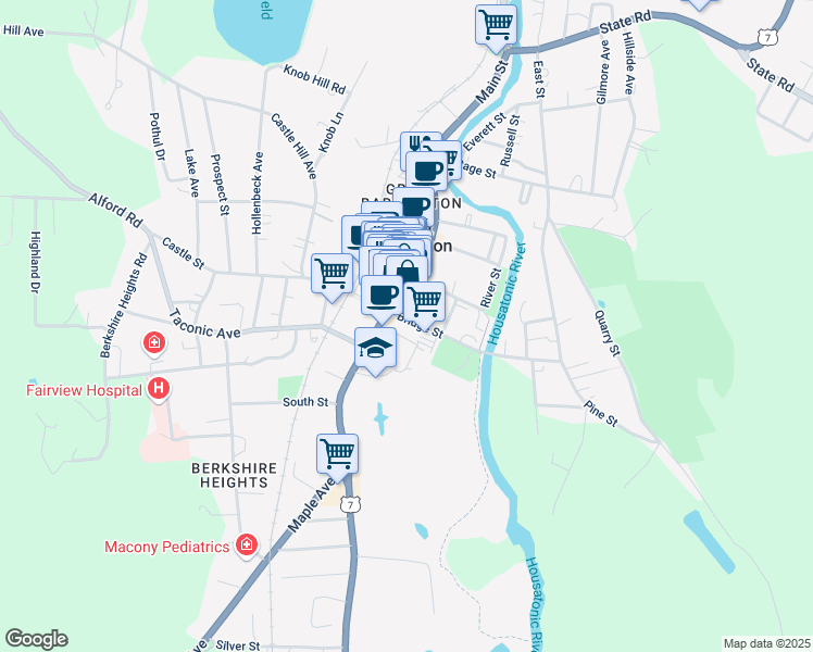 map of restaurants, bars, coffee shops, grocery stores, and more near 307 Main Street in Great Barrington