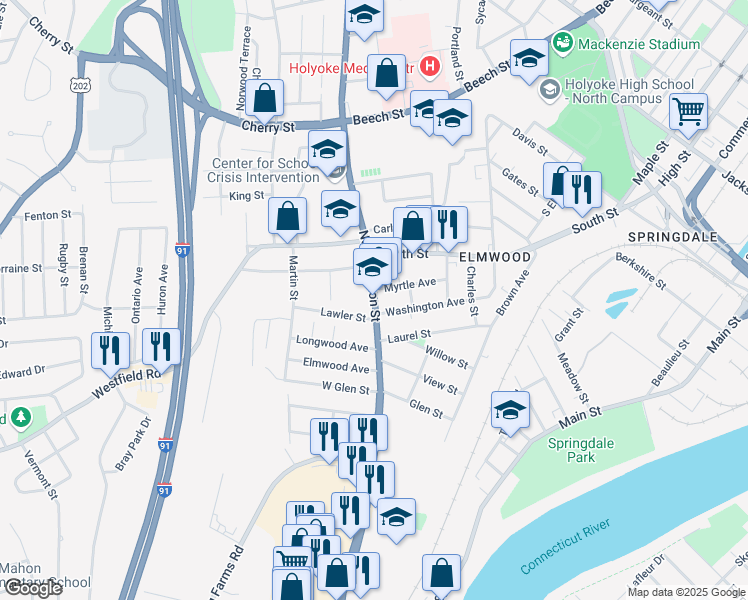map of restaurants, bars, coffee shops, grocery stores, and more near 2019 Northampton Street in Holyoke