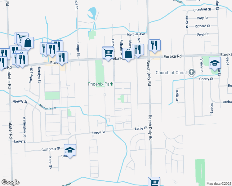 map of restaurants, bars, coffee shops, grocery stores, and more near 15421 Court Village Lane in Taylor