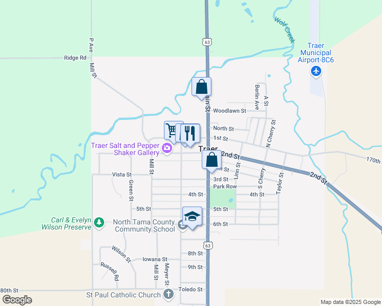 map of restaurants, bars, coffee shops, grocery stores, and more near 534 2nd Street in Traer