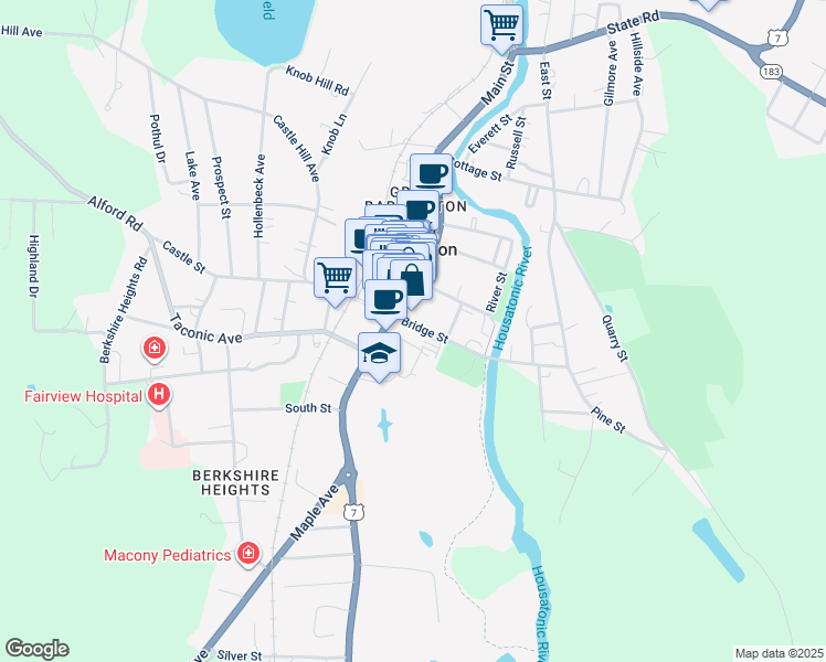 map of restaurants, bars, coffee shops, grocery stores, and more near 307 Main Street in Great Barrington