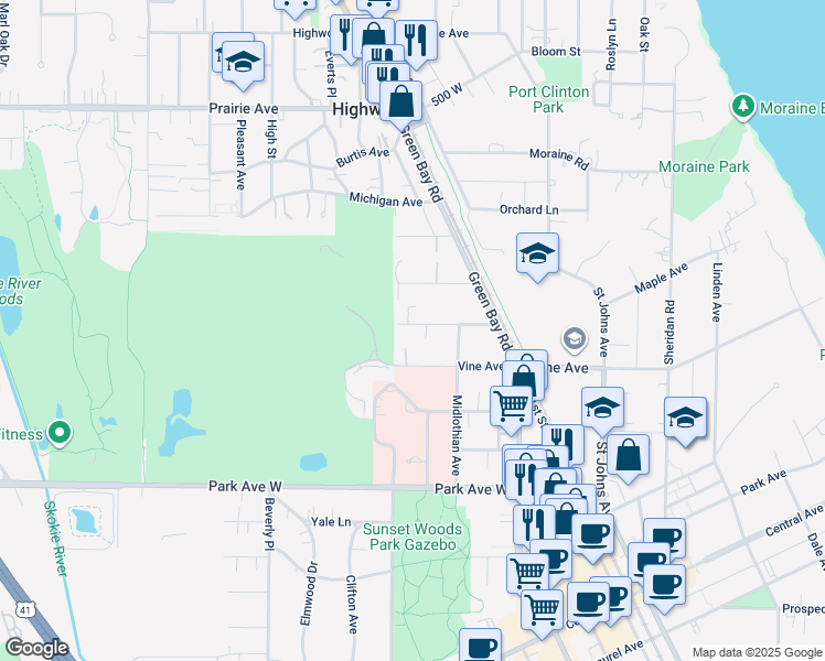 map of restaurants, bars, coffee shops, grocery stores, and more near 614 Onwentsia Avenue in Highland Park