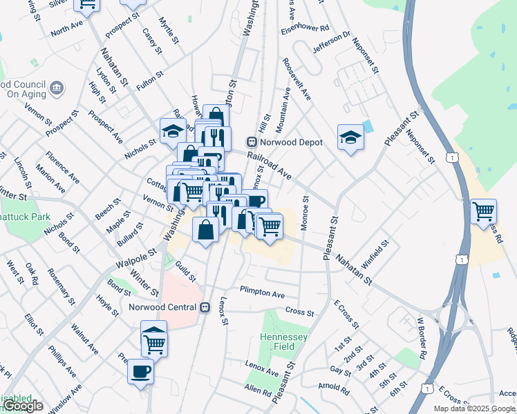 map of restaurants, bars, coffee shops, grocery stores, and more near 60 Lenox Street in Norwood