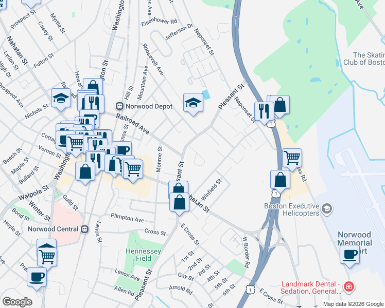 map of restaurants, bars, coffee shops, grocery stores, and more near 20 Pleasant Street in Norwood