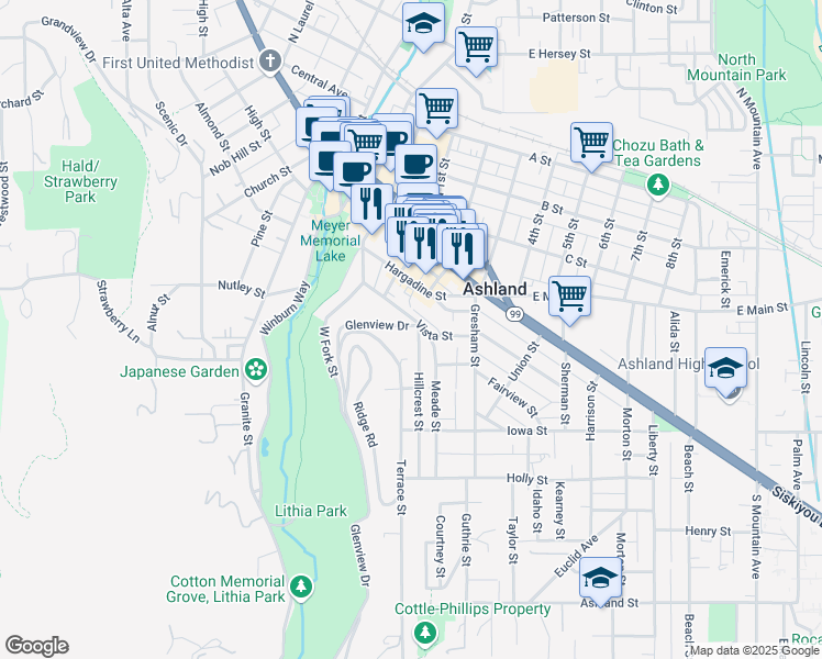 map of restaurants, bars, coffee shops, grocery stores, and more near 1 Hillcrest Street in Ashland