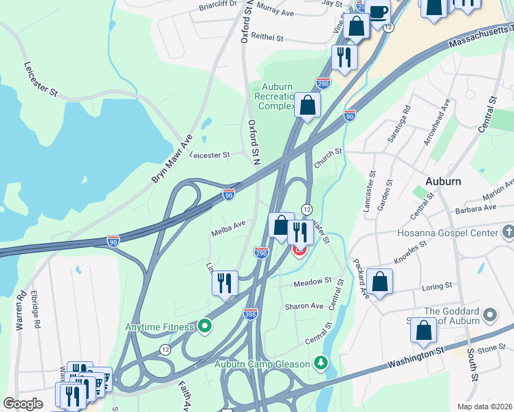 map of restaurants, bars, coffee shops, grocery stores, and more near 462 Oxford Street North in Auburn