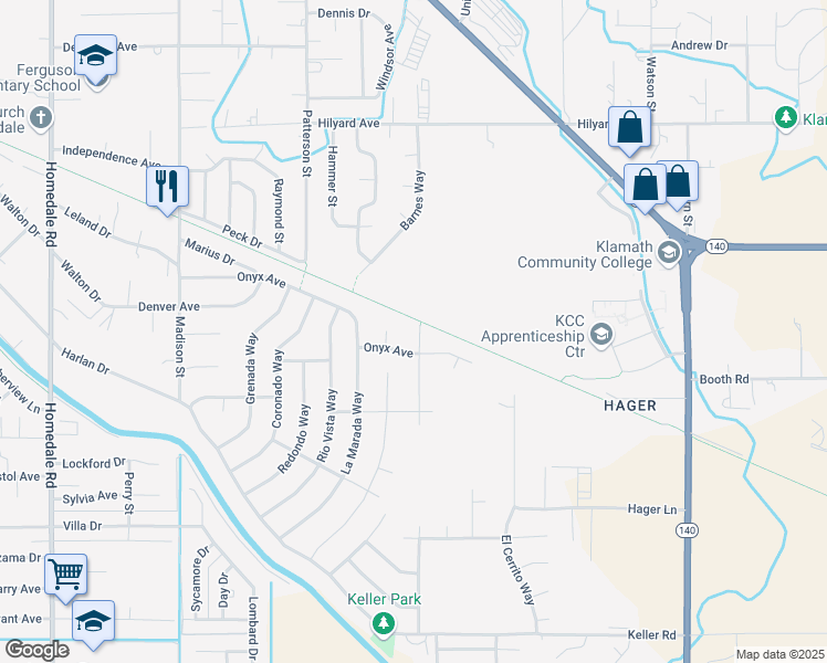 map of restaurants, bars, coffee shops, grocery stores, and more near 3618 La Habra Way in Klamath Falls