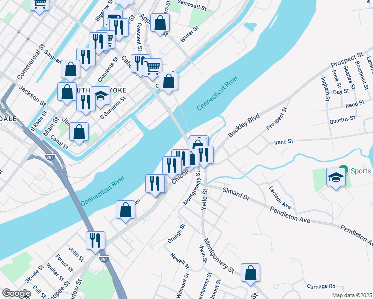 map of restaurants, bars, coffee shops, grocery stores, and more near 1084 Chicopee Street in Chicopee