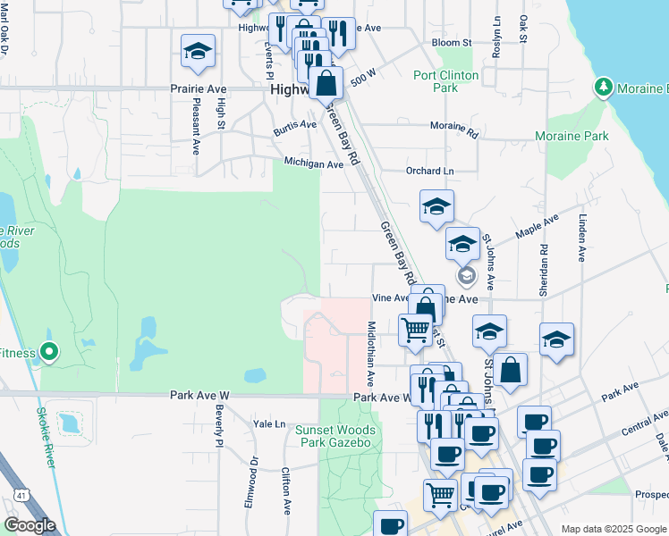 map of restaurants, bars, coffee shops, grocery stores, and more near 614 Onwentsia Avenue in Highland Park