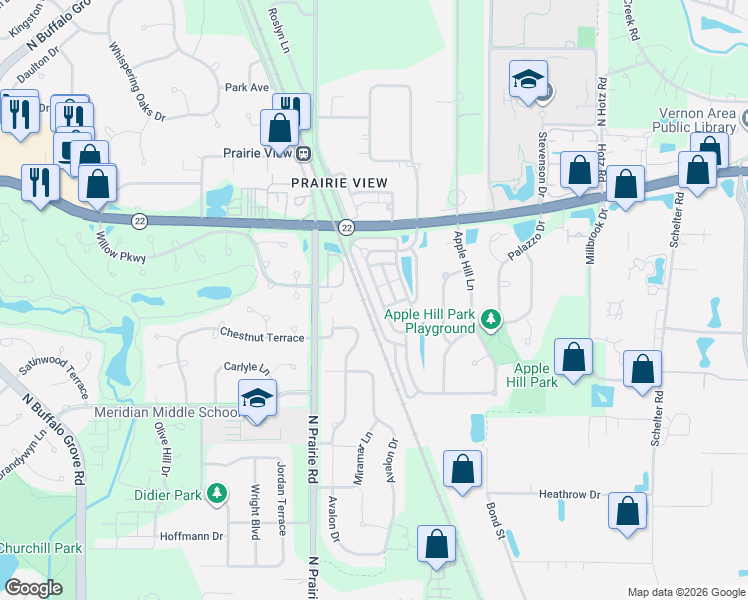 map of restaurants, bars, coffee shops, grocery stores, and more near 2492 Waterbury Lane in Buffalo Grove