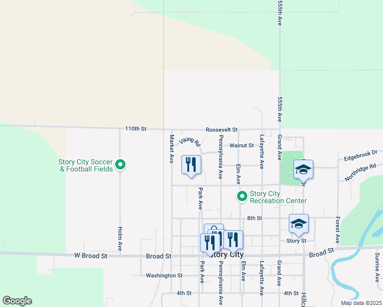 map of restaurants, bars, coffee shops, grocery stores, and more near 421 Frette Drive in Story City