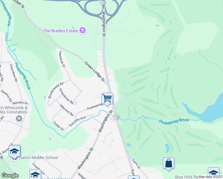 map of restaurants, bars, coffee shops, grocery stores, and more near 2239 Washington Street in Canton