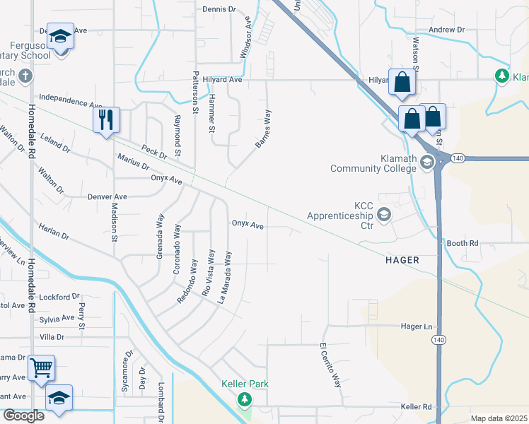 map of restaurants, bars, coffee shops, grocery stores, and more near 3618 La Habra Way in Klamath Falls
