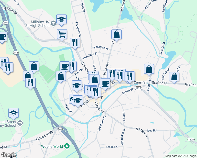 map of restaurants, bars, coffee shops, grocery stores, and more near 6 Canal Street in Millbury