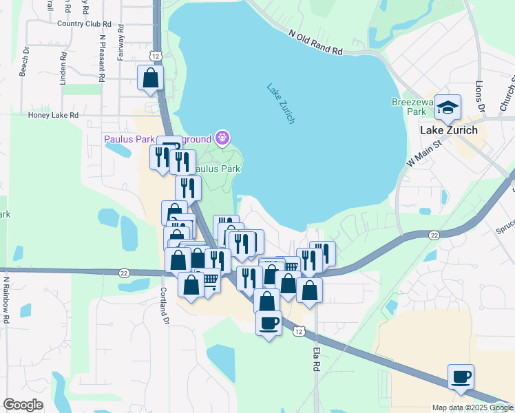 map of restaurants, bars, coffee shops, grocery stores, and more near 48 Lake Zurich Drive in Lake Zurich