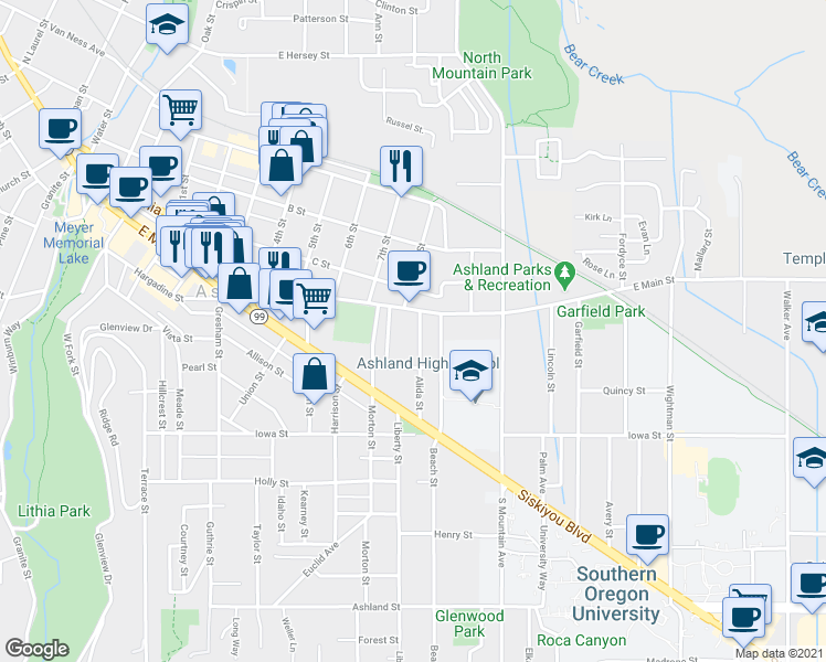 map of restaurants, bars, coffee shops, grocery stores, and more near 47 Alida Street in Ashland