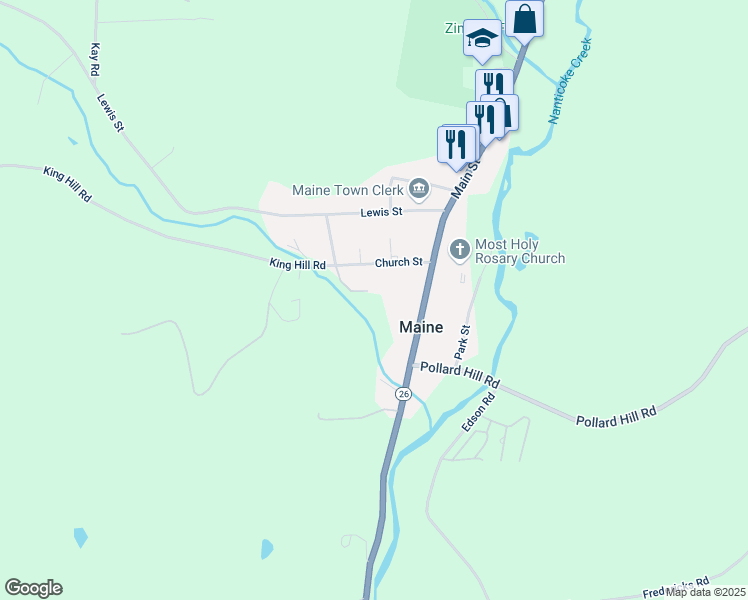 map of restaurants, bars, coffee shops, grocery stores, and more near 31 Church Street in Endicott
