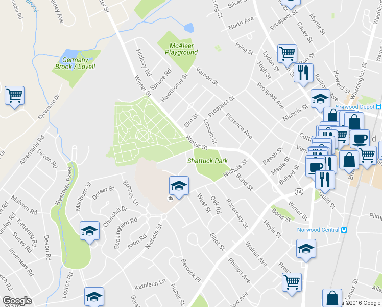 map of restaurants, bars, coffee shops, grocery stores, and more near 40 Shattuck Park Road in Norwood
