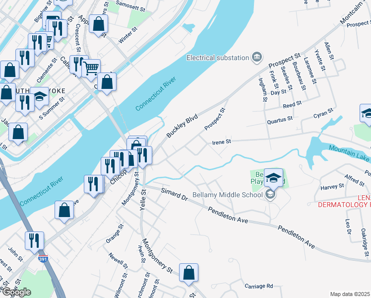 map of restaurants, bars, coffee shops, grocery stores, and more near 145 Prospect Street in Chicopee