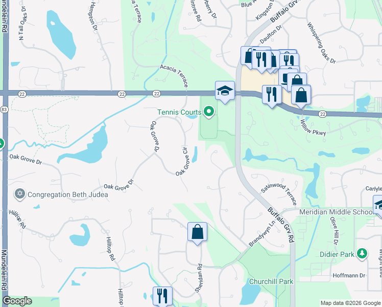 map of restaurants, bars, coffee shops, grocery stores, and more near 5532 Oak Grove Circle in Long Grove