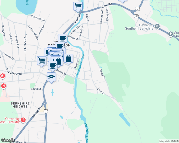 map of restaurants, bars, coffee shops, grocery stores, and more near 225 East Street in Great Barrington