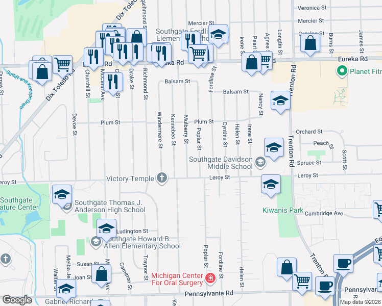 map of restaurants, bars, coffee shops, grocery stores, and more near 15655 Mulberry Street in Southgate