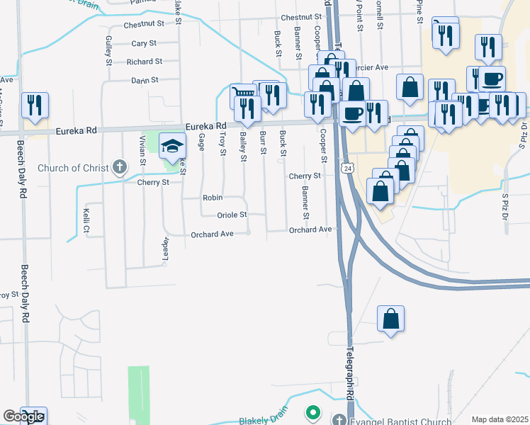 map of restaurants, bars, coffee shops, grocery stores, and more near 22722 Oriole Street in Taylor