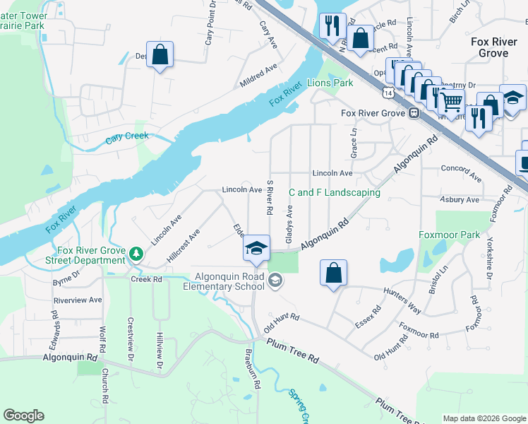 map of restaurants, bars, coffee shops, grocery stores, and more near 212 South River Road in Fox River Grove