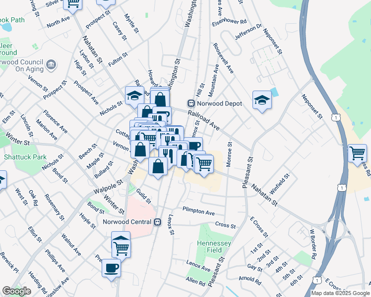 map of restaurants, bars, coffee shops, grocery stores, and more near 61 Lenox Street in Norwood