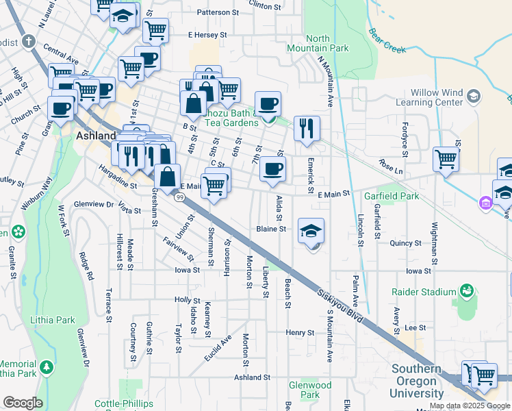 map of restaurants, bars, coffee shops, grocery stores, and more near 52 Morton Street in Ashland