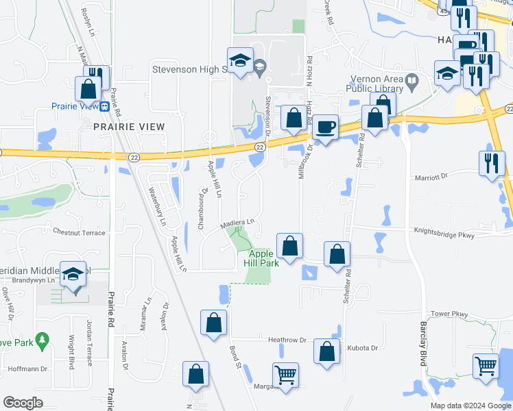 map of restaurants, bars, coffee shops, grocery stores, and more near 2422 Madiera Lane in Buffalo Grove