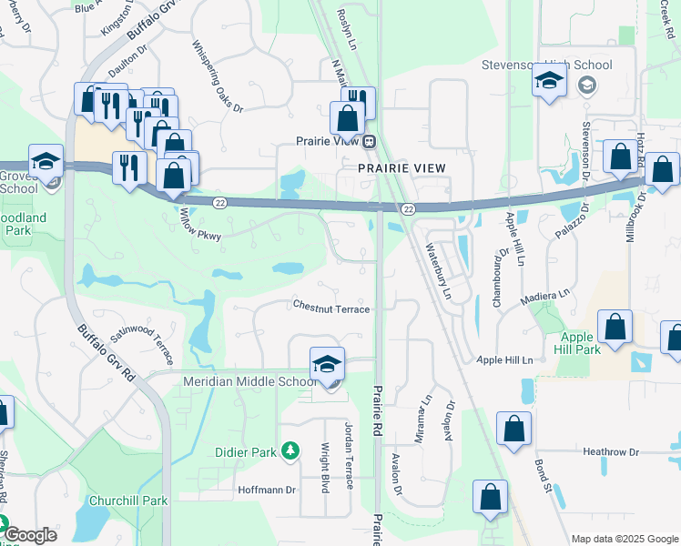 map of restaurants, bars, coffee shops, grocery stores, and more near 41 Willow Parkway in Buffalo Grove