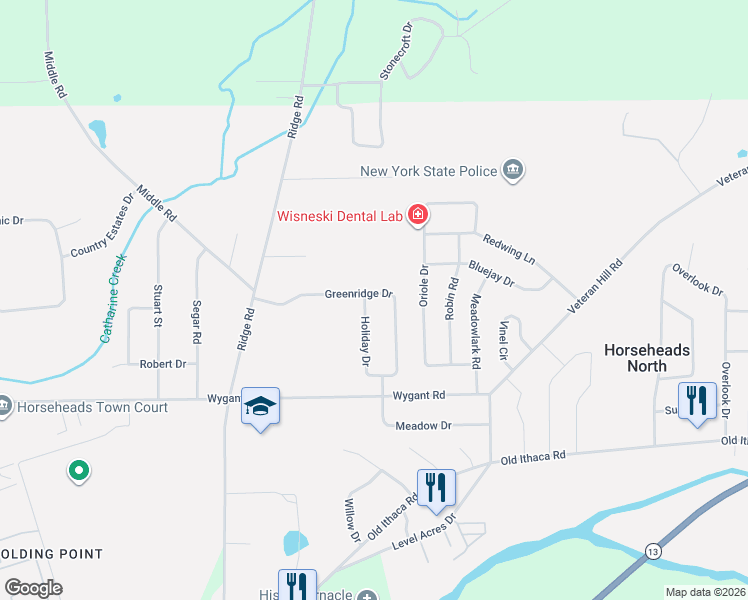 map of restaurants, bars, coffee shops, grocery stores, and more near 145 Greenridge Drive in Horseheads