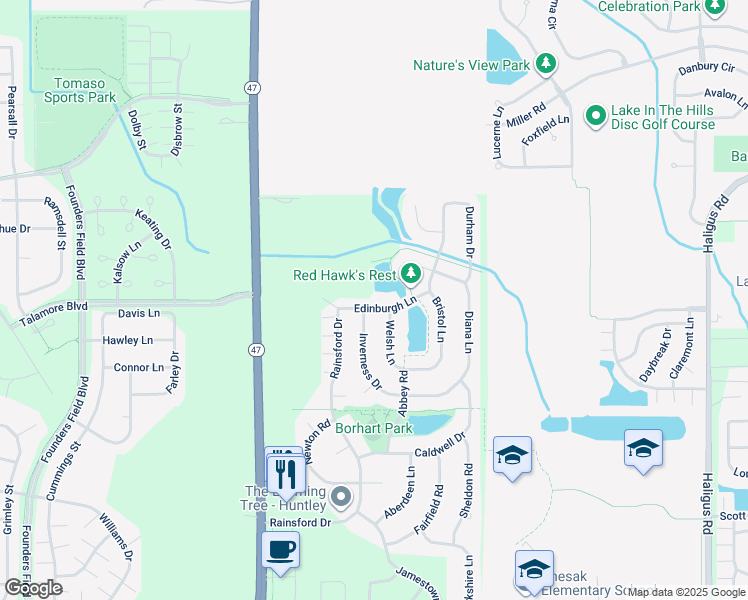 map of restaurants, bars, coffee shops, grocery stores, and more near 11342 Edinburgh Lane in Huntley