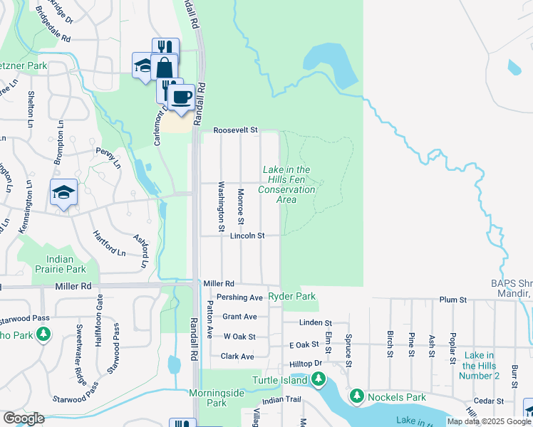 map of restaurants, bars, coffee shops, grocery stores, and more near 1411 Jefferson Street in Lake in the Hills