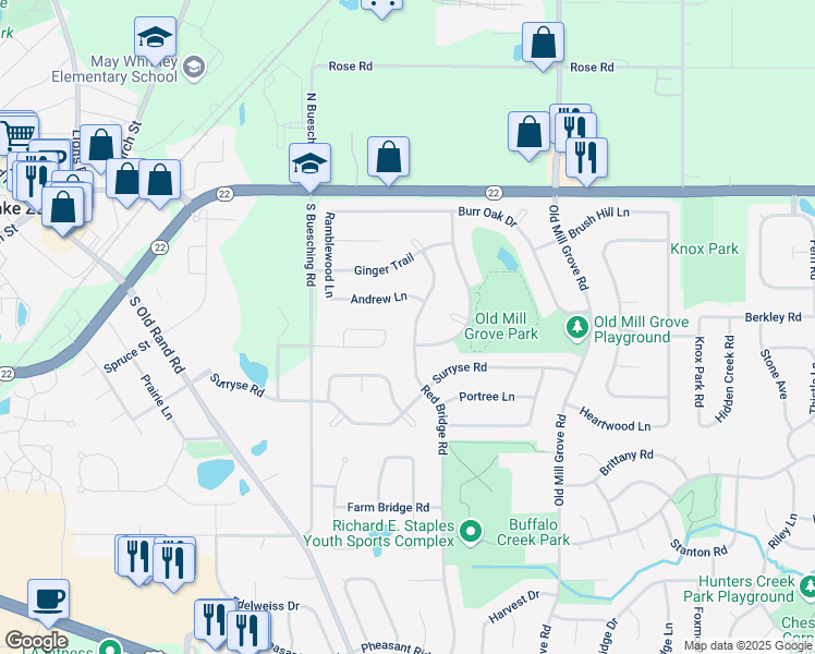 map of restaurants, bars, coffee shops, grocery stores, and more near 215 Red Bridge Road in Lake Zurich
