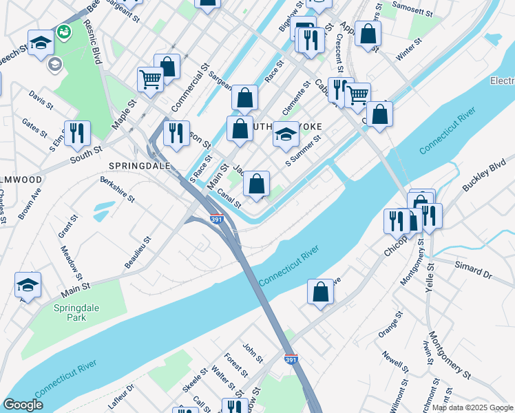map of restaurants, bars, coffee shops, grocery stores, and more near 642 South Summer Street in Holyoke