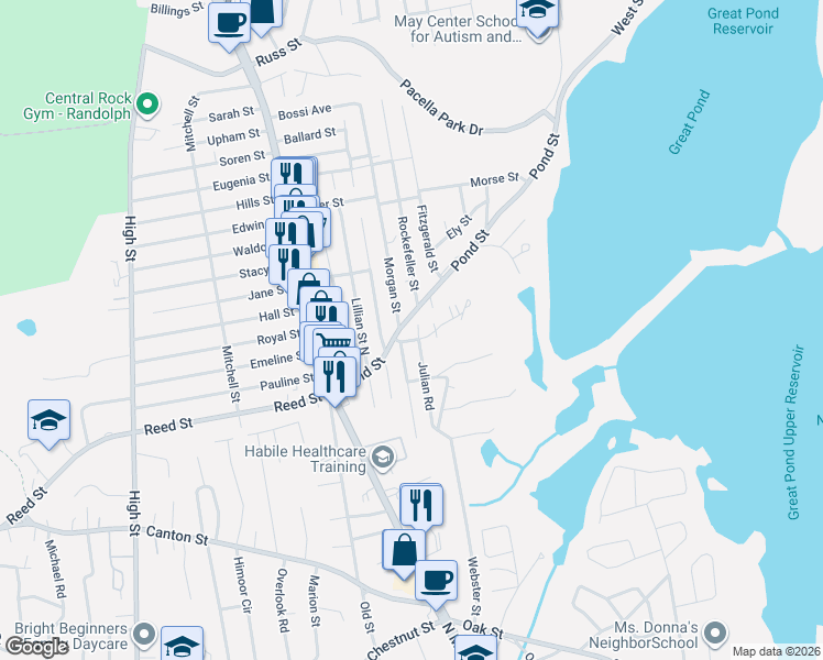 map of restaurants, bars, coffee shops, grocery stores, and more near 85 Pond Street in Randolph