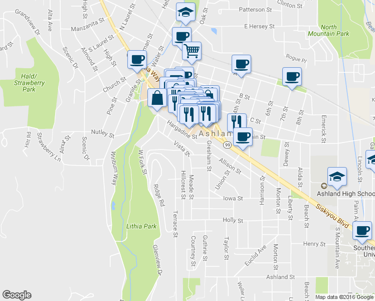 map of restaurants, bars, coffee shops, grocery stores, and more near 307 Ravenwood Pl in Ashland