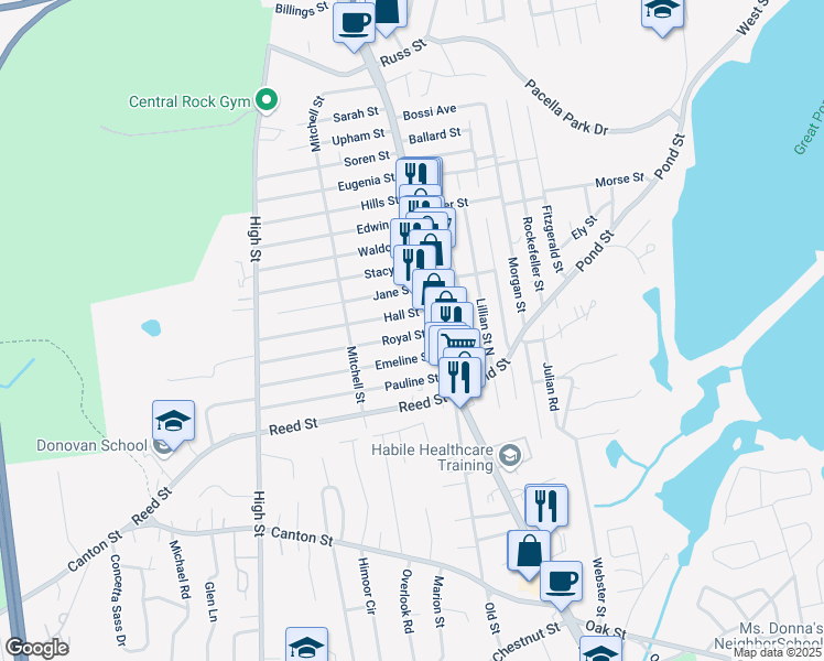 map of restaurants, bars, coffee shops, grocery stores, and more near 7 Royal Street in Randolph