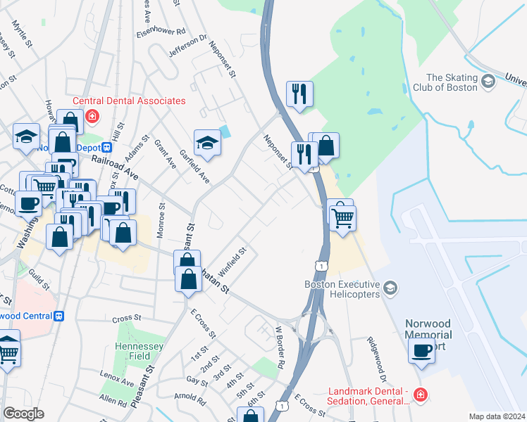 map of restaurants, bars, coffee shops, grocery stores, and more near 219 Rock Street in Norwood