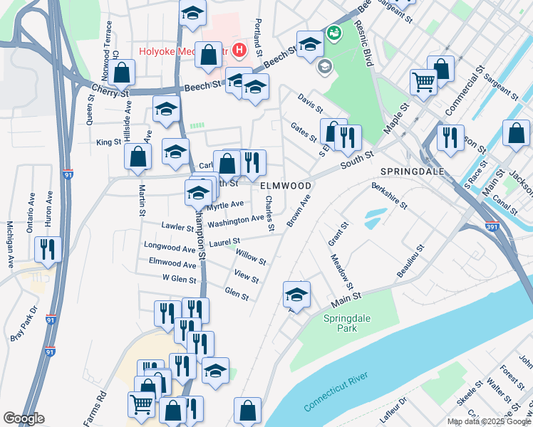 map of restaurants, bars, coffee shops, grocery stores, and more near 40 Washington Avenue in Holyoke