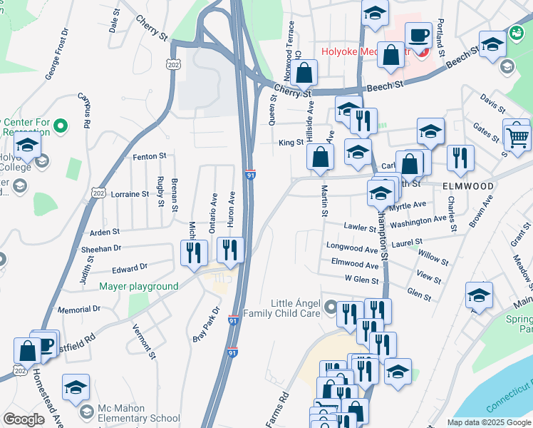 map of restaurants, bars, coffee shops, grocery stores, and more near 147 Westfield Road in Holyoke
