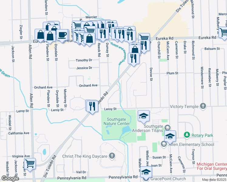 map of restaurants, bars, coffee shops, grocery stores, and more near 15725 Dix Toledo Road in Southgate