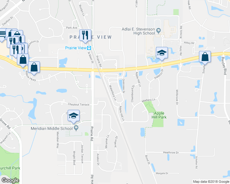 map of restaurants, bars, coffee shops, grocery stores, and more near 2492 Waterbury Lane in Buffalo Grove