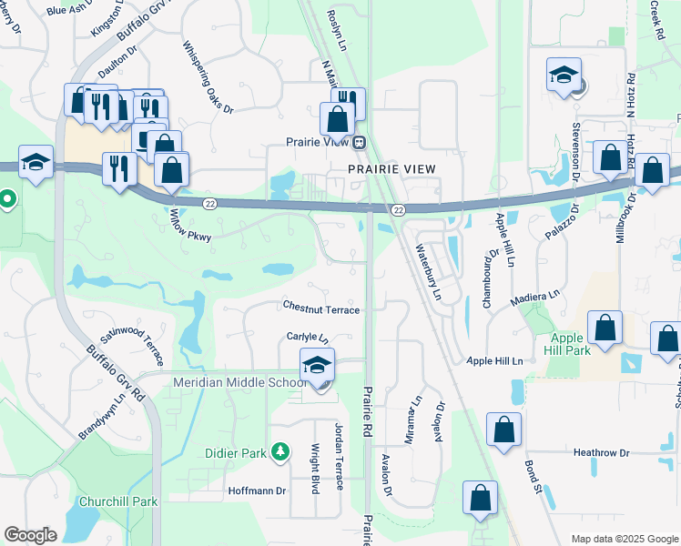map of restaurants, bars, coffee shops, grocery stores, and more near 41 Willow Parkway in Buffalo Grove