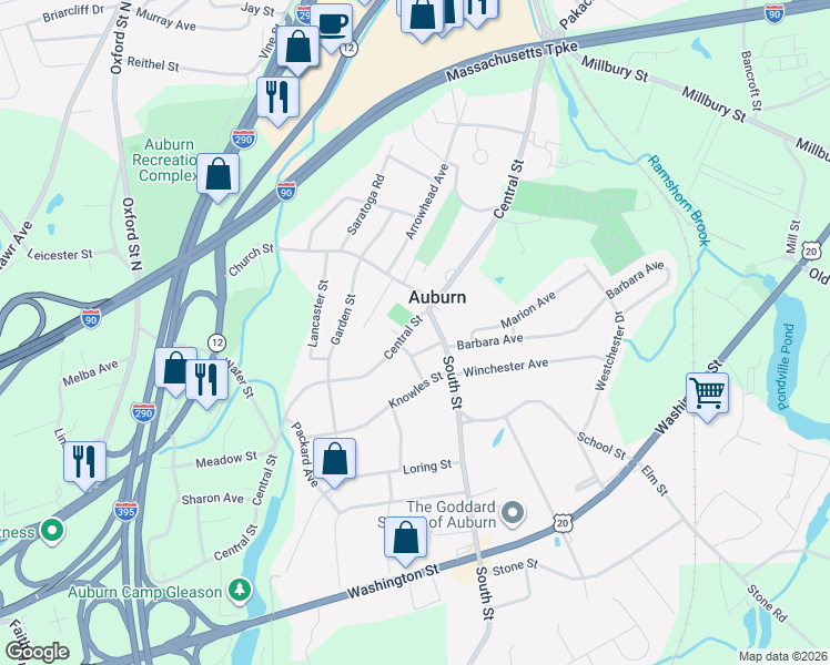 map of restaurants, bars, coffee shops, grocery stores, and more near 135 Central Street in Auburn