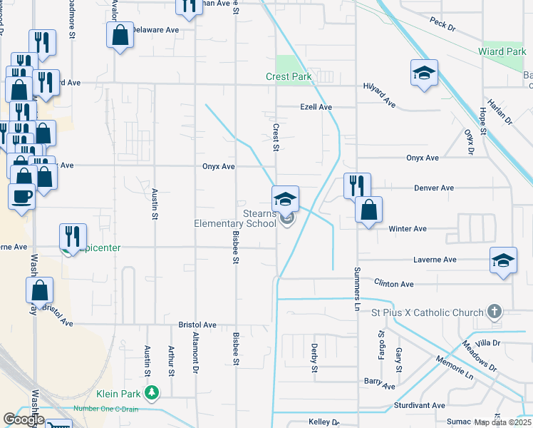 map of restaurants, bars, coffee shops, grocery stores, and more near 3614 Crest Street in Klamath Falls
